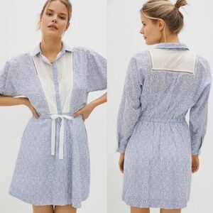 Anthropologie Maeve Ashleigh Blue White Eyelet Mini Prairie Dress SzS